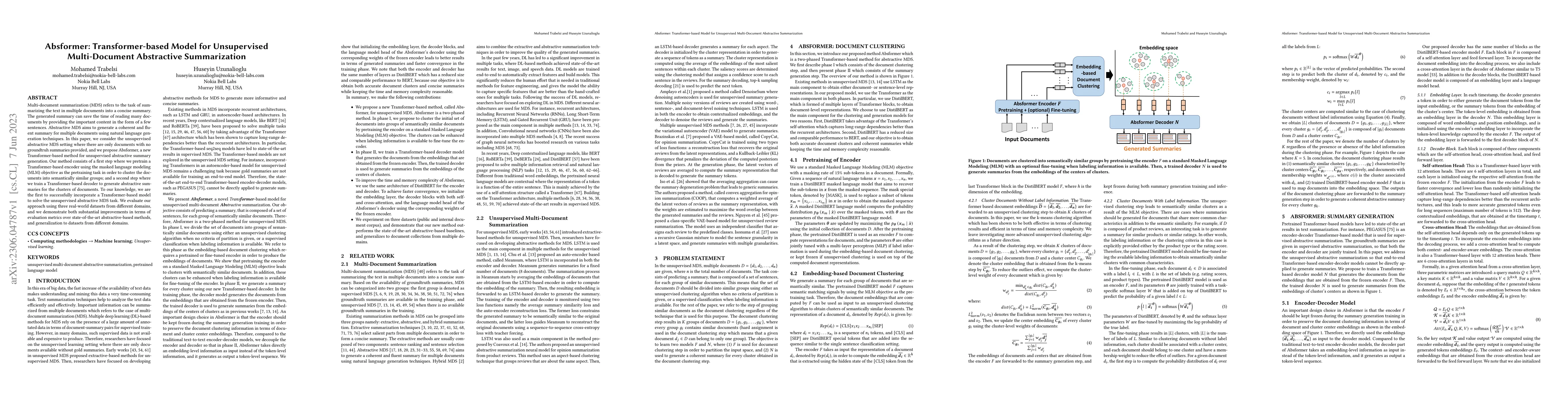 Thumbnail for Absformer: Transformer-based Model for Unsupervised Multi-Document
  Abstractive Summarization
