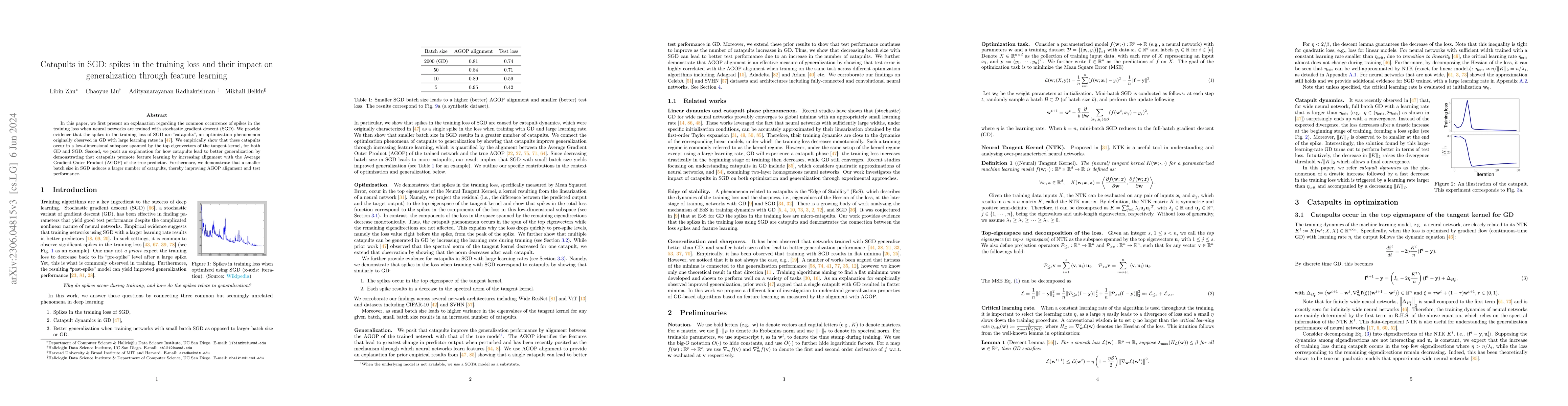 Thumbnail for Catapults in SGD: spikes in the training loss and their impact on
  generalization through feature learning