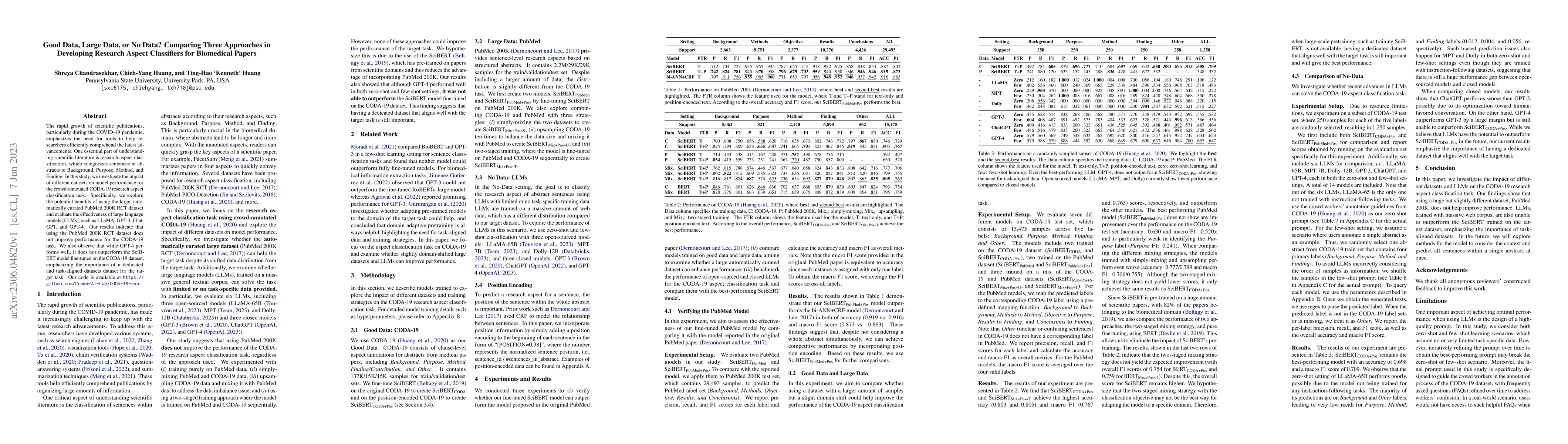 Thumbnail for Good Data, Large Data, or No Data? Comparing Three Approaches in
  Developing Research Aspect Classifiers for Biomedical Papers