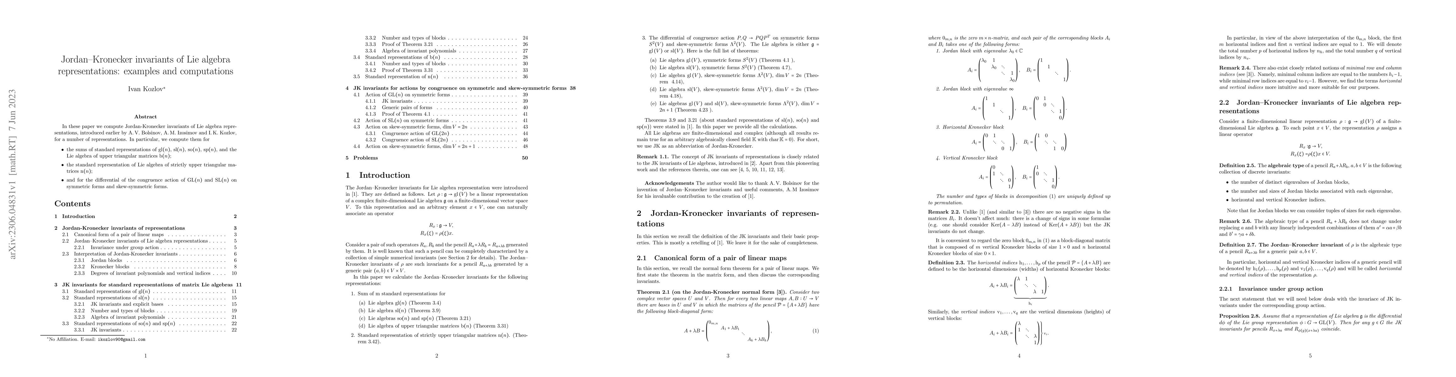 Thumbnail for Jordan-Kronecker invariants of Lie algebra representations: examples and
  computations