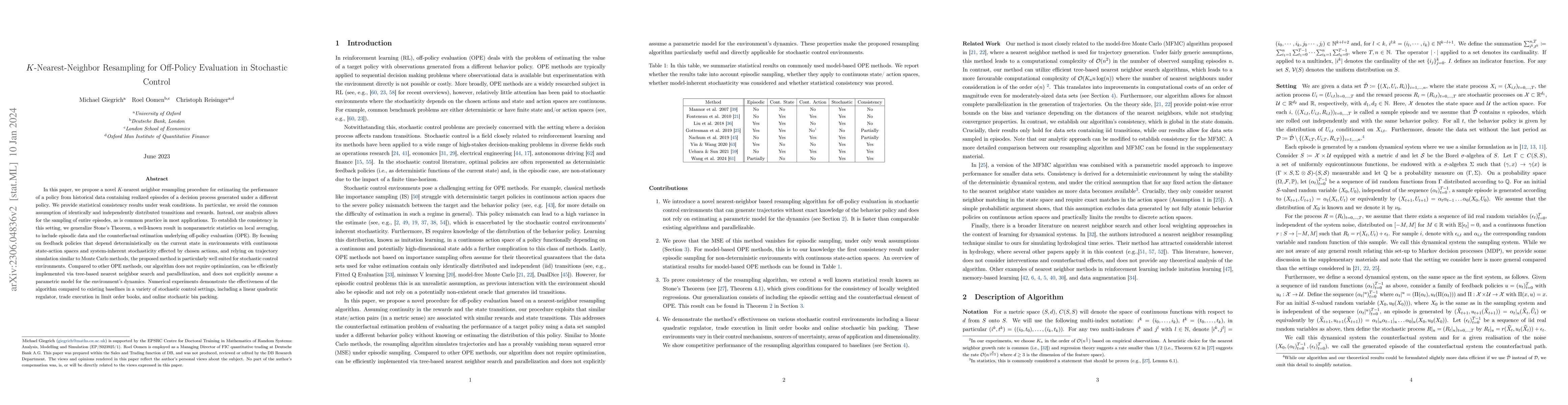 Thumbnail for $K$-Nearest-Neighbor Resampling for Off-Policy Evaluation in Stochastic
  Control