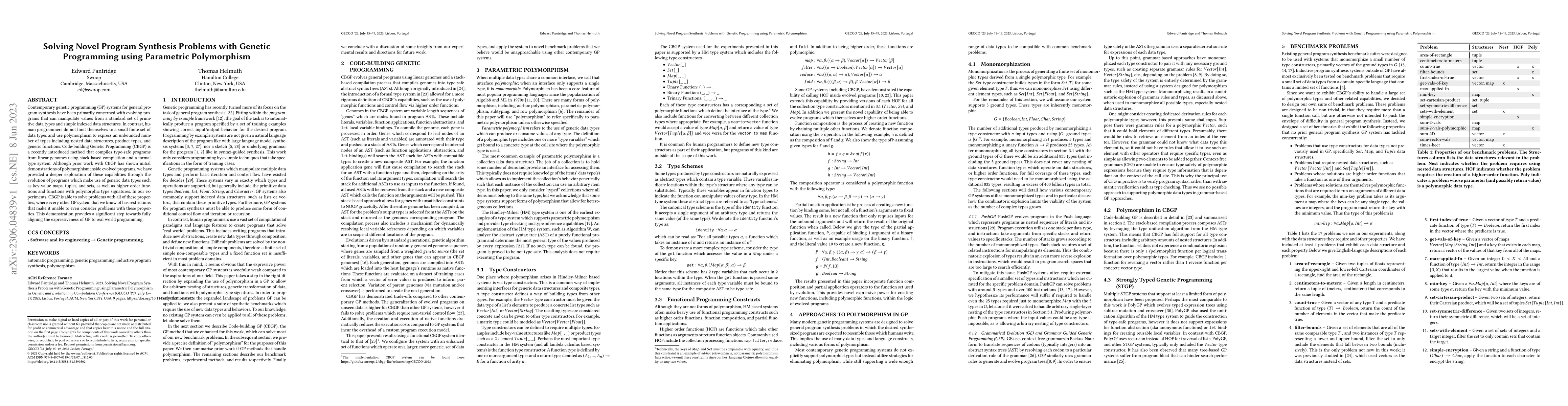 Thumbnail for Solving Novel Program Synthesis Problems with Genetic Programming using
  Parametric Polymorphism