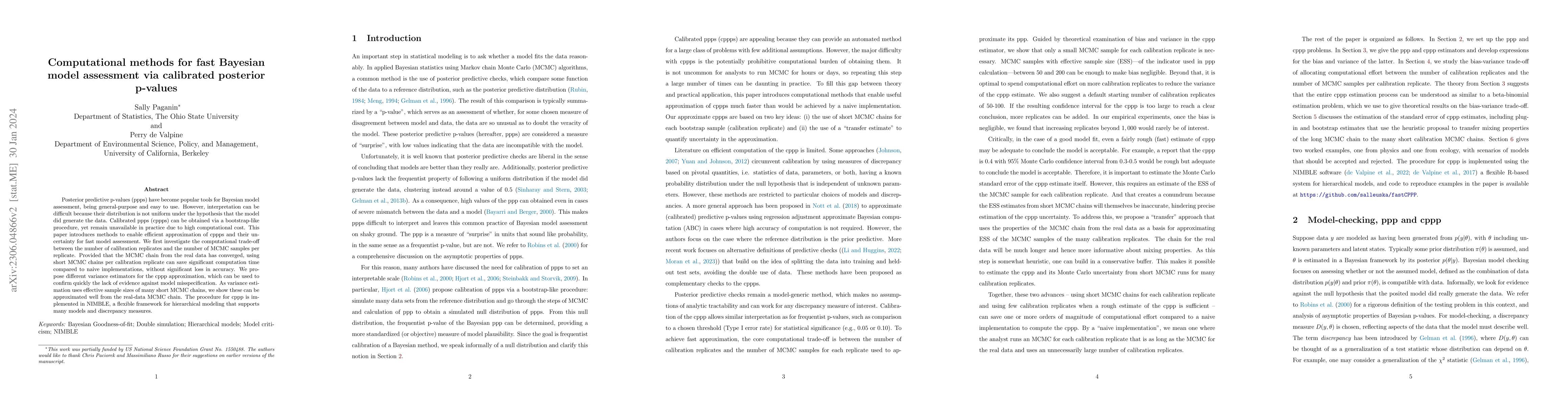 Thumbnail for Computational methods for fast Bayesian model assessment via calibrated
  posterior p-values