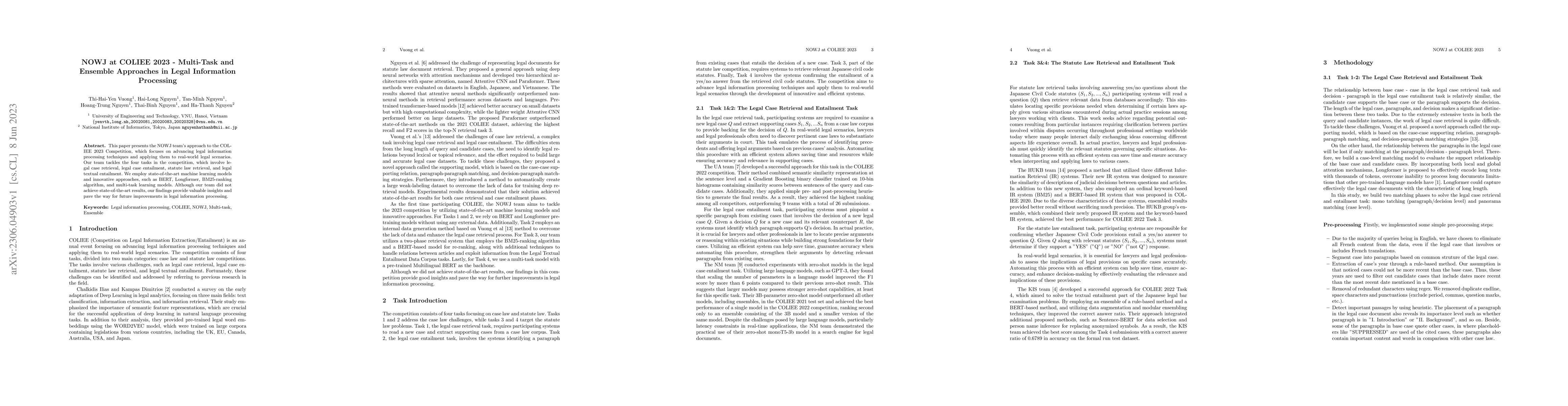 Thumbnail for NOWJ at COLIEE 2023 -- Multi-Task and Ensemble Approaches in Legal
  Information Processing