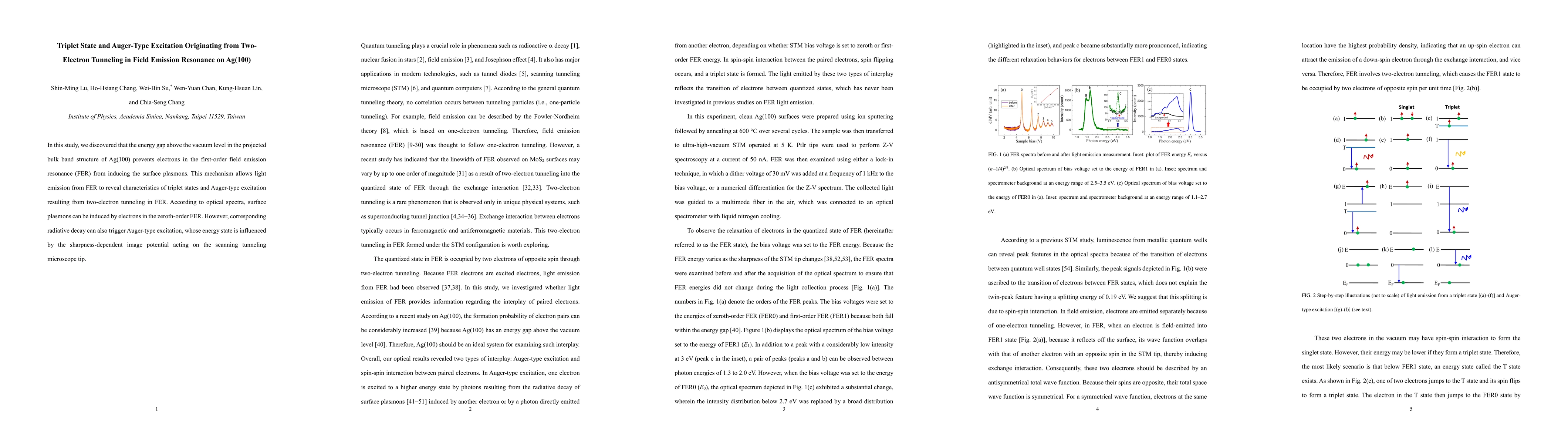 Thumbnail for Triplet State and Auger-Type Excitation Originating from Two-Electron
  Tunneling in Field Emission Resonance on Ag(100)