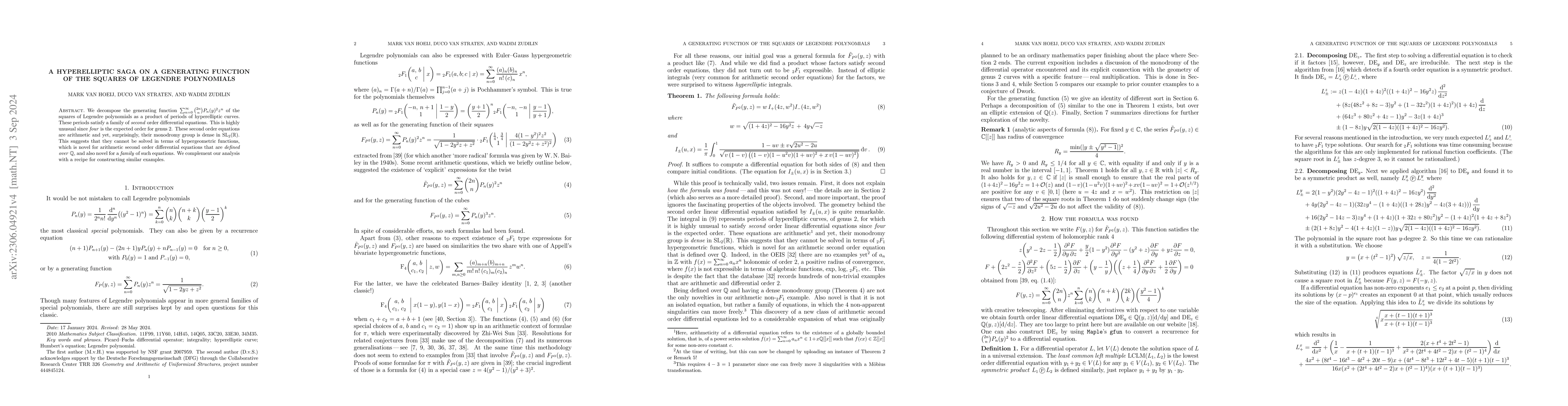 Thumbnail for A hyperelliptic saga on a generating function of the squares of Legendre
  polynomials