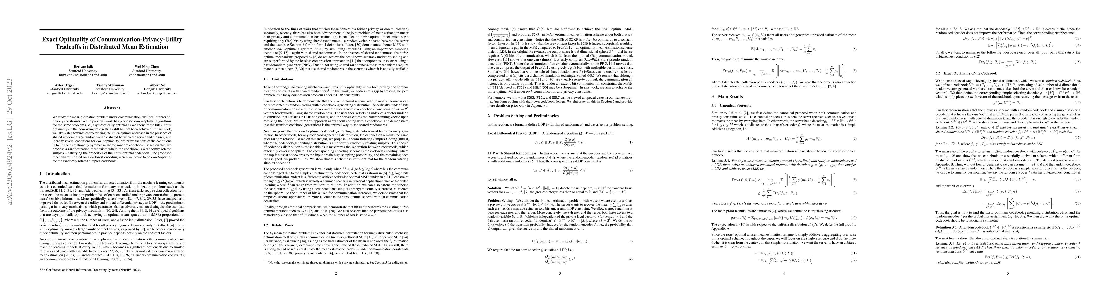 Thumbnail for Exact Optimality of Communication-Privacy-Utility Tradeoffs in
  Distributed Mean Estimation