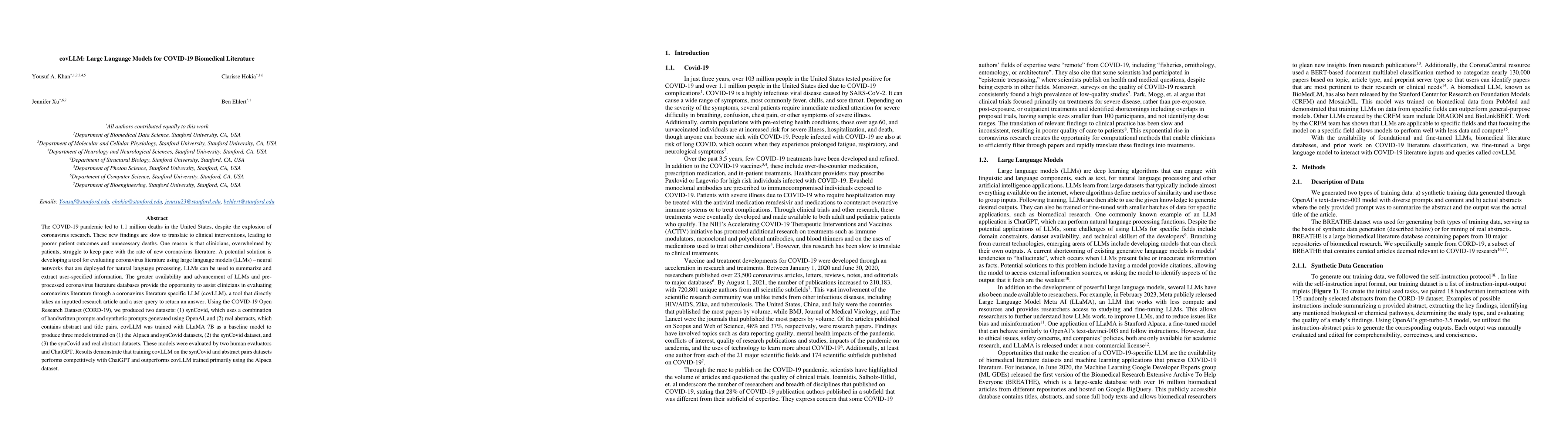 Thumbnail for covLLM: Large Language Models for COVID-19 Biomedical Literature