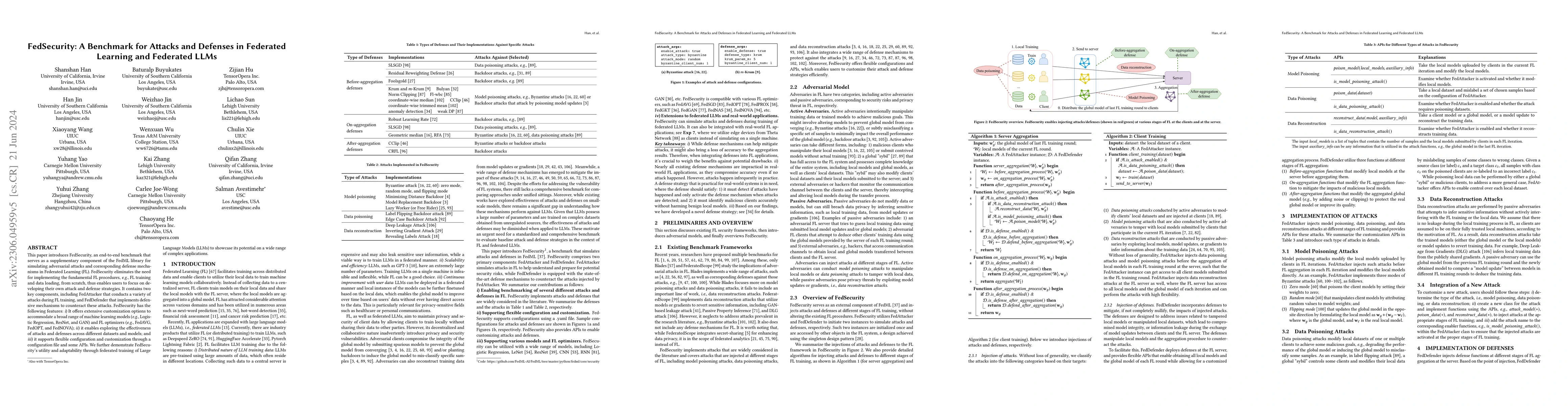 Thumbnail for FedSecurity: Benchmarking Attacks and Defenses in Federated Learning and
  Federated LLMs