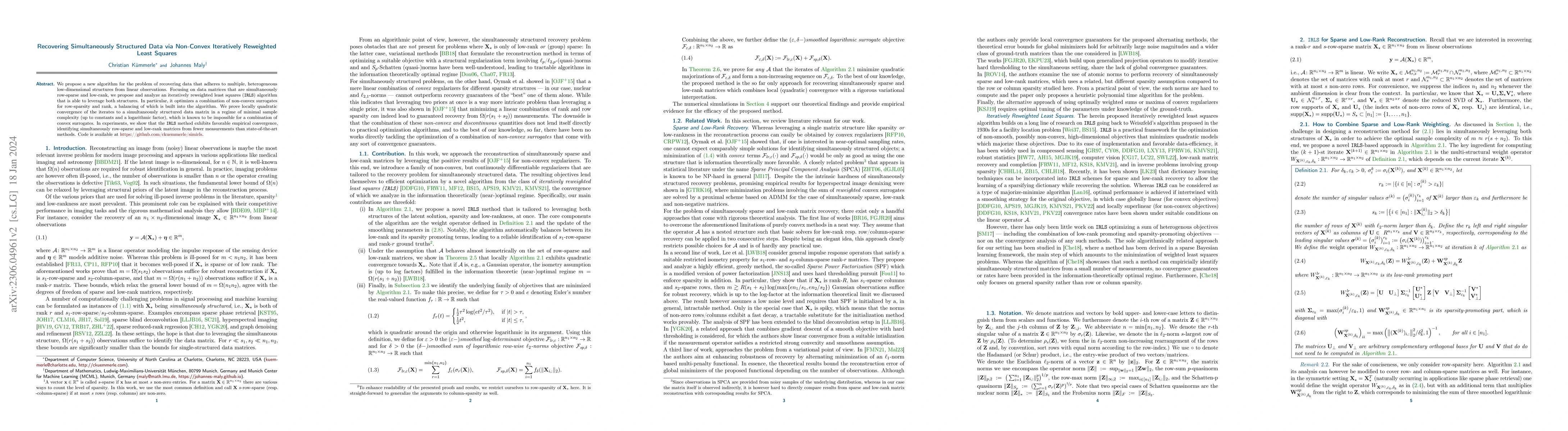 Thumbnail for Recovering Simultaneously Structured Data via Non-Convex Iteratively
  Reweighted Least Squares