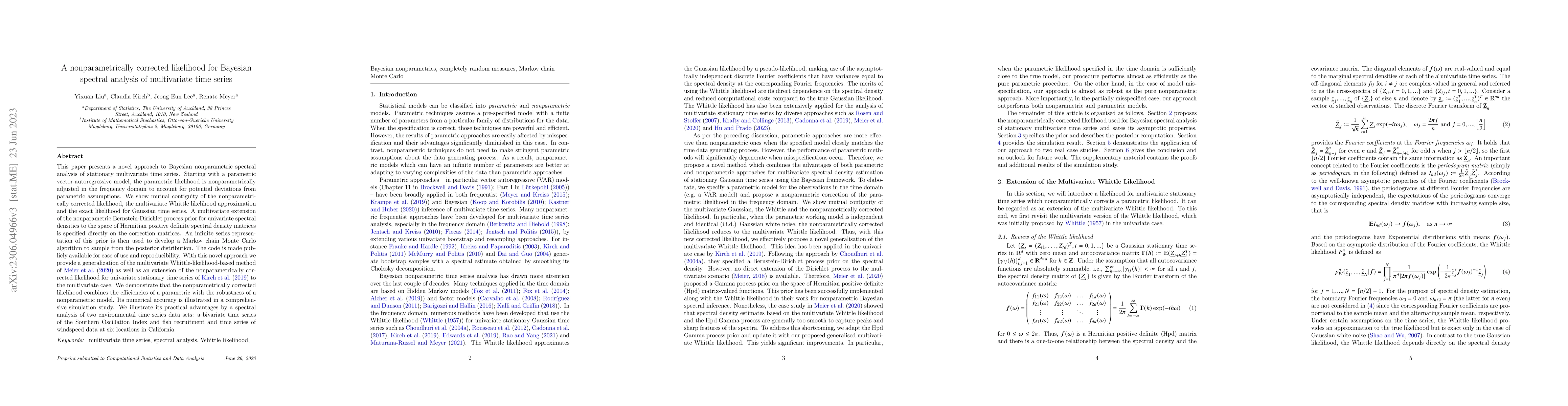 Thumbnail for A nonparametrically corrected likelihood for Bayesian spectral analysis
  of multivariate time series