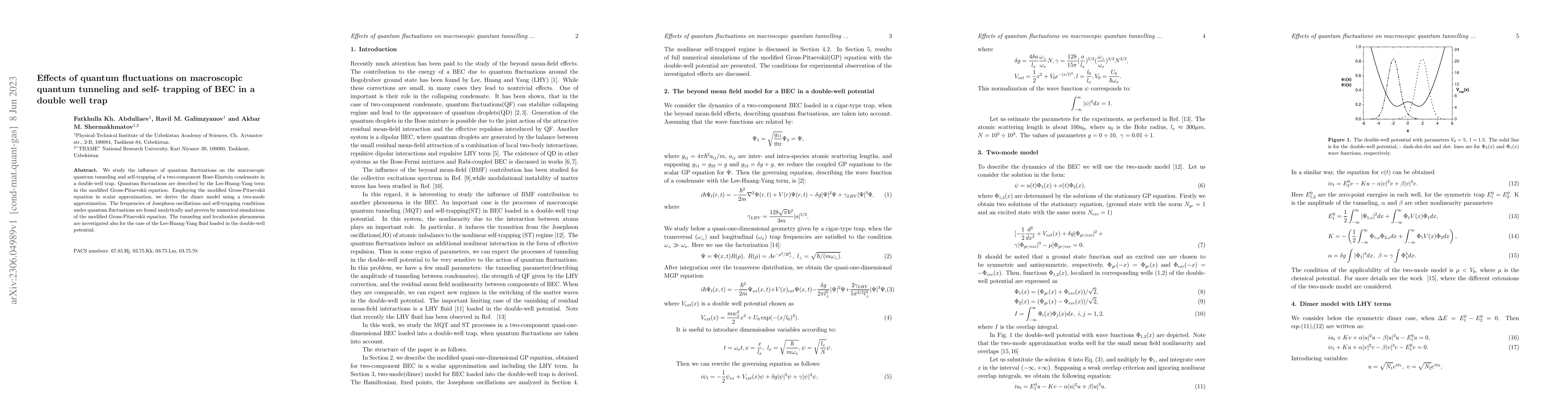 Thumbnail for Effects of quantum fluctuations on macroscopic quantum tunneling and
  self-trapping of BEC in a double well trap