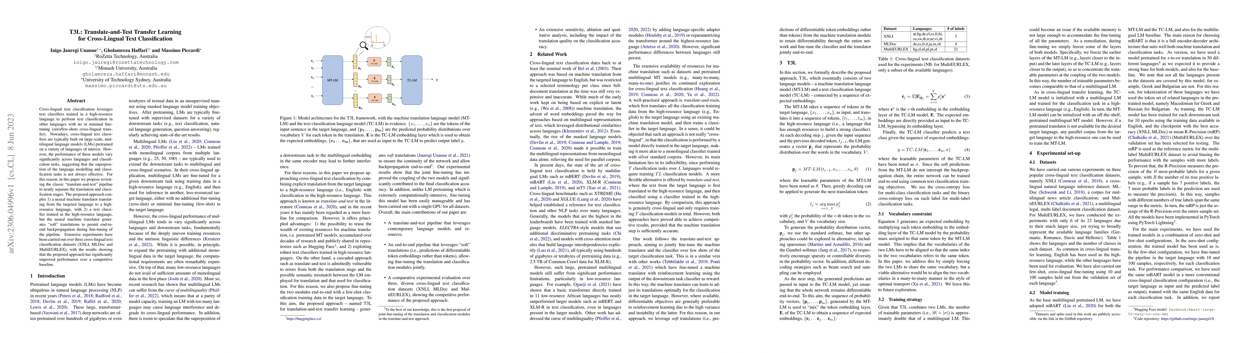 Thumbnail for T3L: Translate-and-Test Transfer Learning for Cross-Lingual Text
  Classification