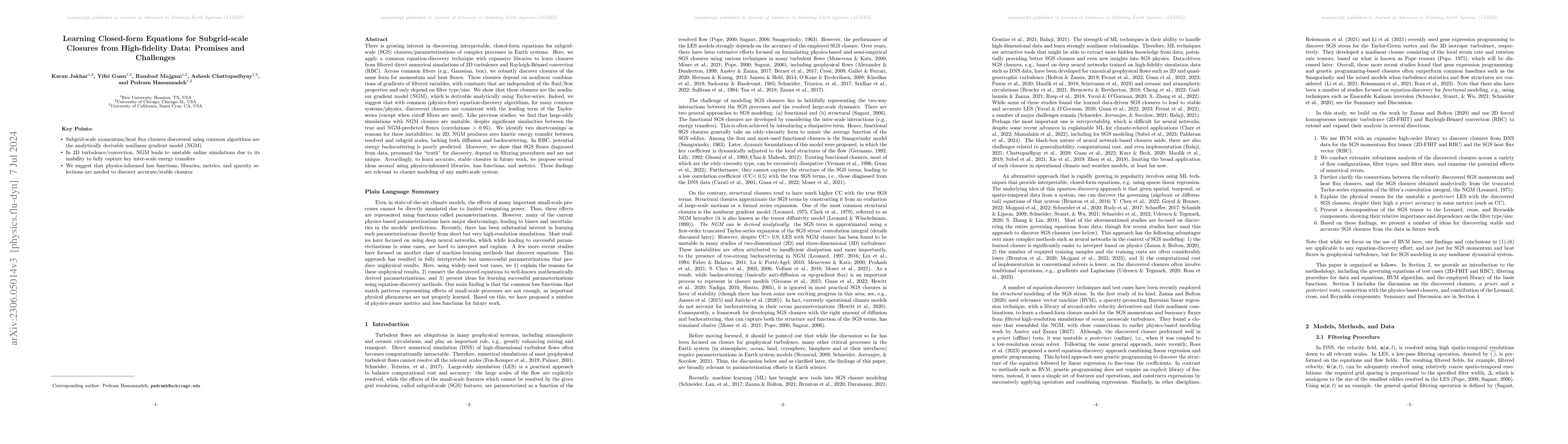 Thumbnail for Learning Closed-form Equations for Subgrid-scale Closures from
  High-fidelity Data: Promises and Challenges