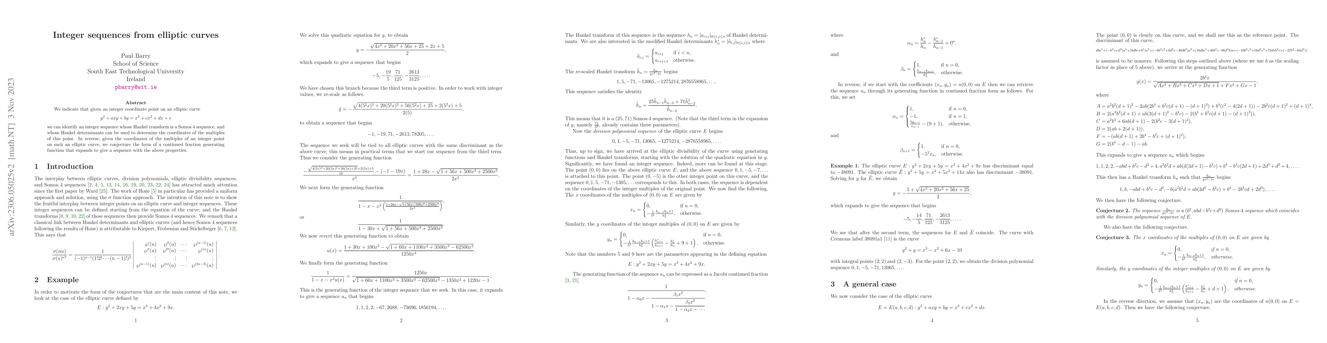 Thumbnail for Integer sequences from elliptic curves