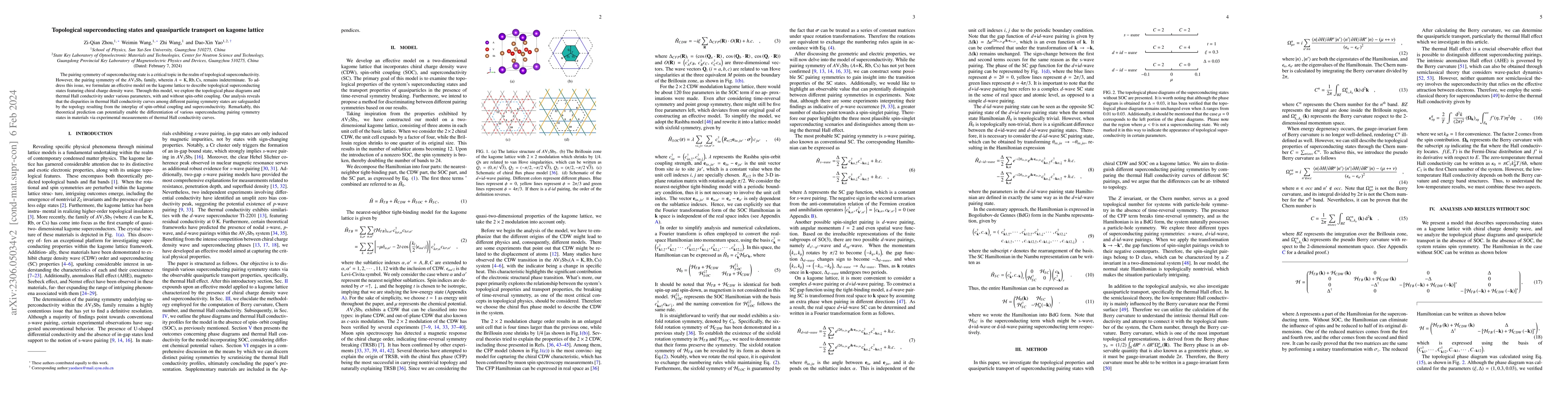 Thumbnail for Topological Superconducting States and Quasiparticle Transport on Kagome
  Lattice