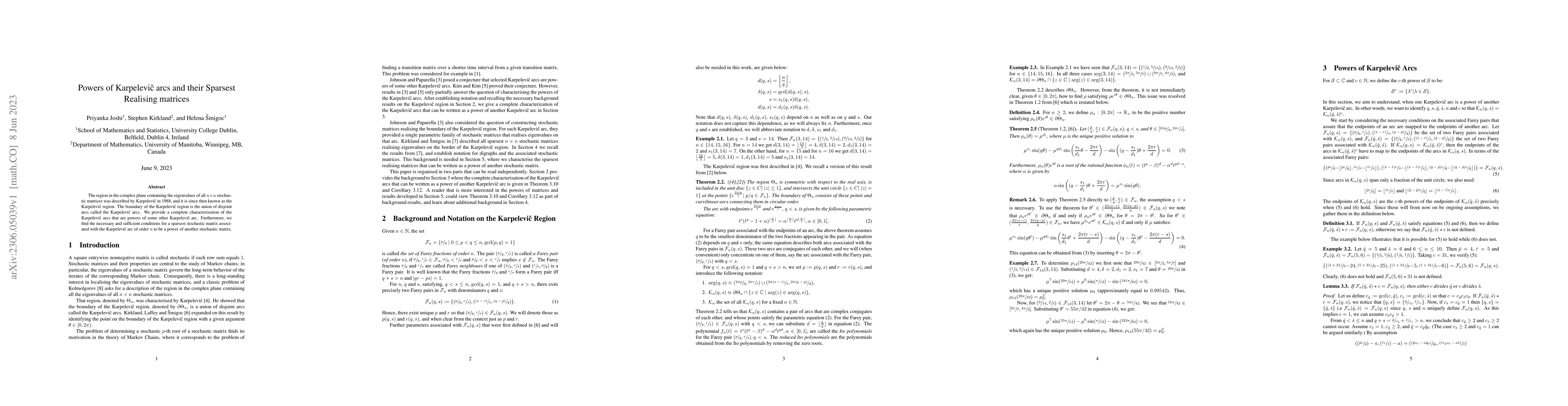 Thumbnail for Powers of Karpelevic arcs and their Sparsest Realising matrices