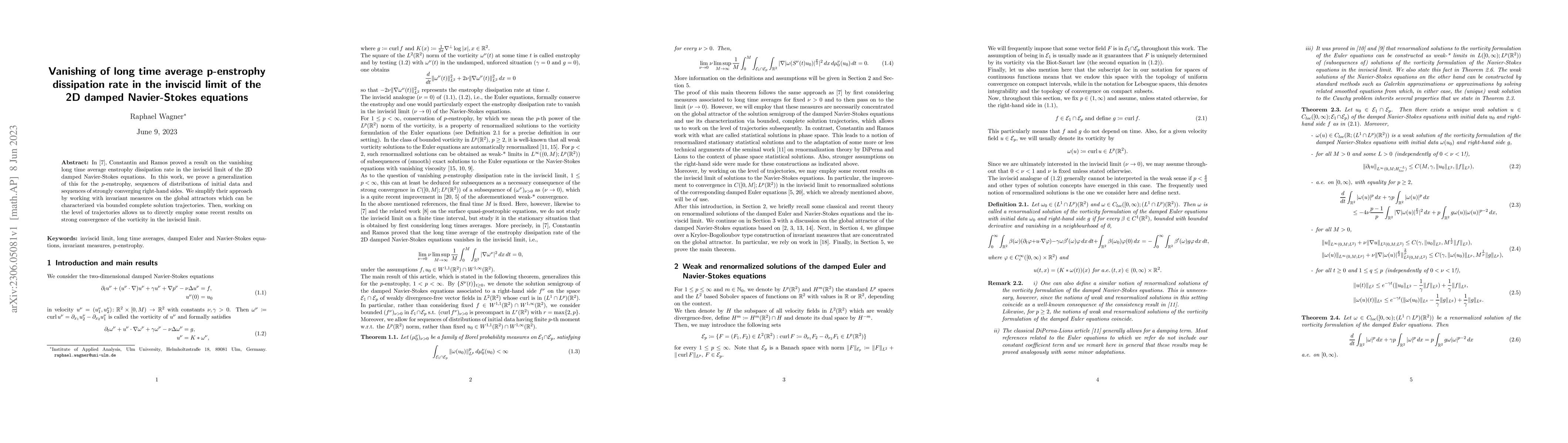 Thumbnail for Vanishing of long time average p-enstrophy dissipation rate in the
  inviscid limit of the 2D damped Navier-Stokes equations