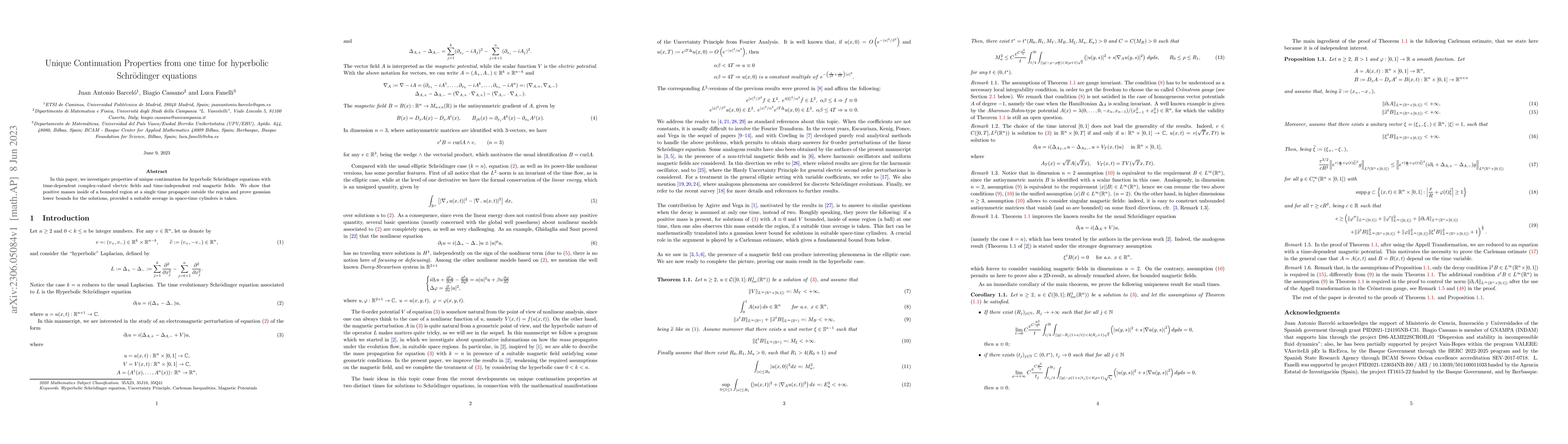 Thumbnail for Unique Continuation Properties from one time for hyperbolic
  Schr\"odinger equations
