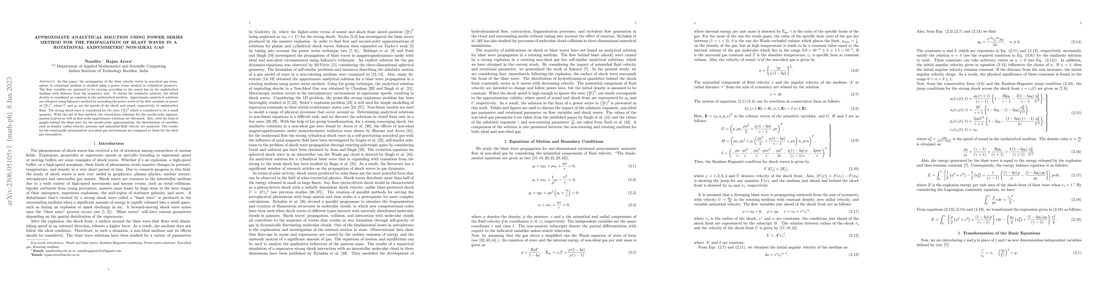 Thumbnail for Approximate Analytical Solution using Power Series Method for the
  Propagation of Blast Waves in a Rotational Axisymmetric non-ideal Gas