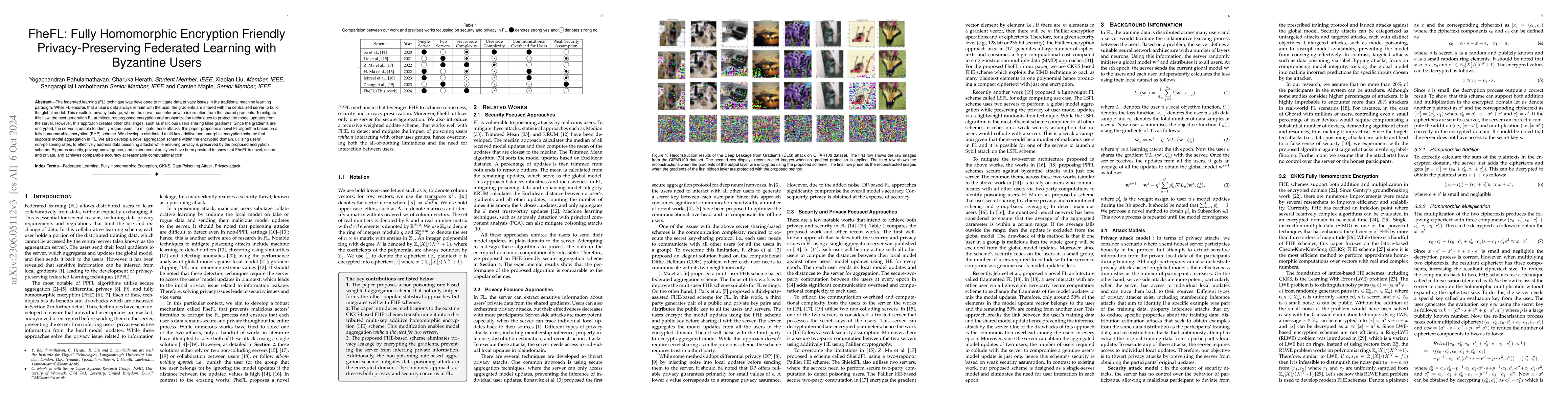 Thumbnail for FheFL: Fully Homomorphic Encryption Friendly Privacy-Preserving
  Federated Learning with Byzantine Users