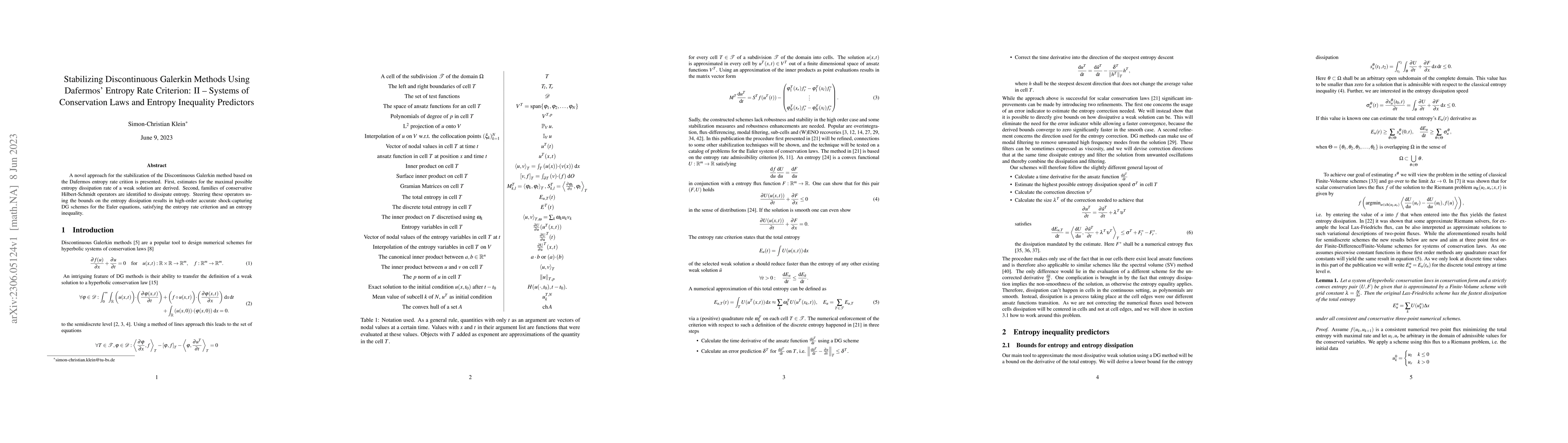 Thumbnail for Stabilizing Discontinuous Galerkin Methods Using Dafermos' Entropy Rate
  Criterion: II -- Systems of Conservation Laws and Entropy Inequality
  Predictors