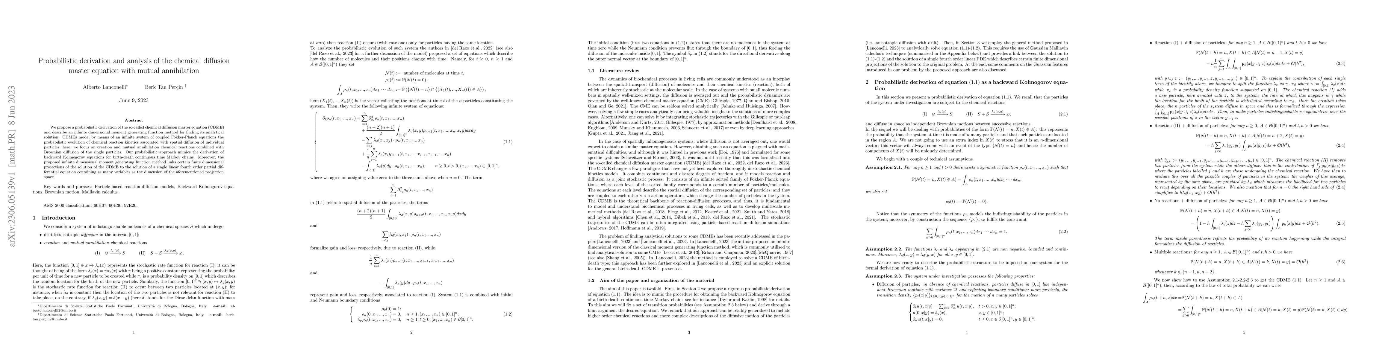 Thumbnail for Probabilistic derivation and analysis of the chemical diffusion master
  equation with mutual annihilation