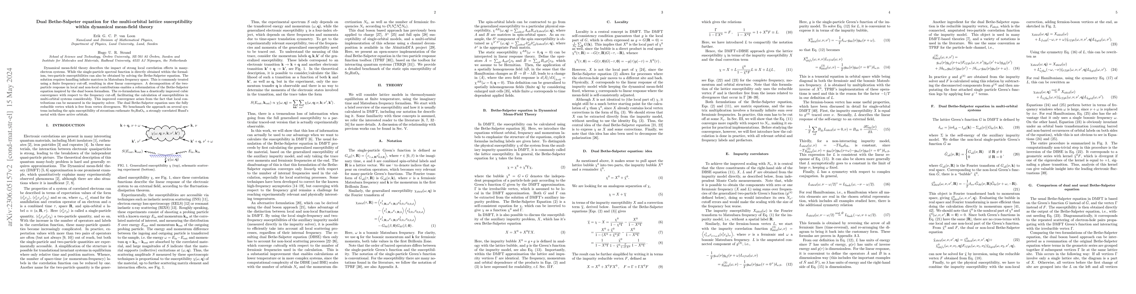 Thumbnail for Dual Bethe-Salpeter equation for the multi-orbital lattice
  susceptibility within dynamical mean-field theory