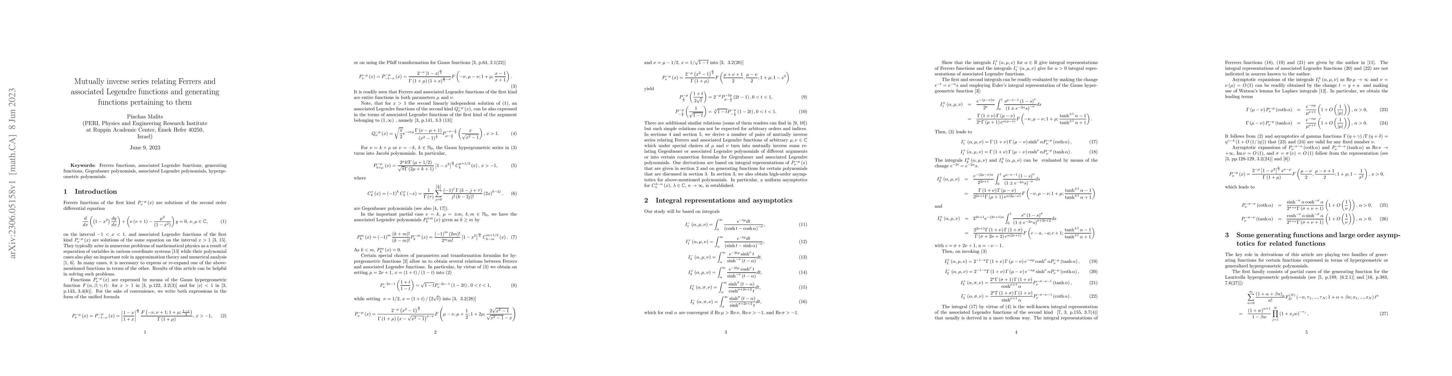 Thumbnail for Mutually inverse series relating Ferrers and associated Legendre
  functions and generating functions pertaining to them