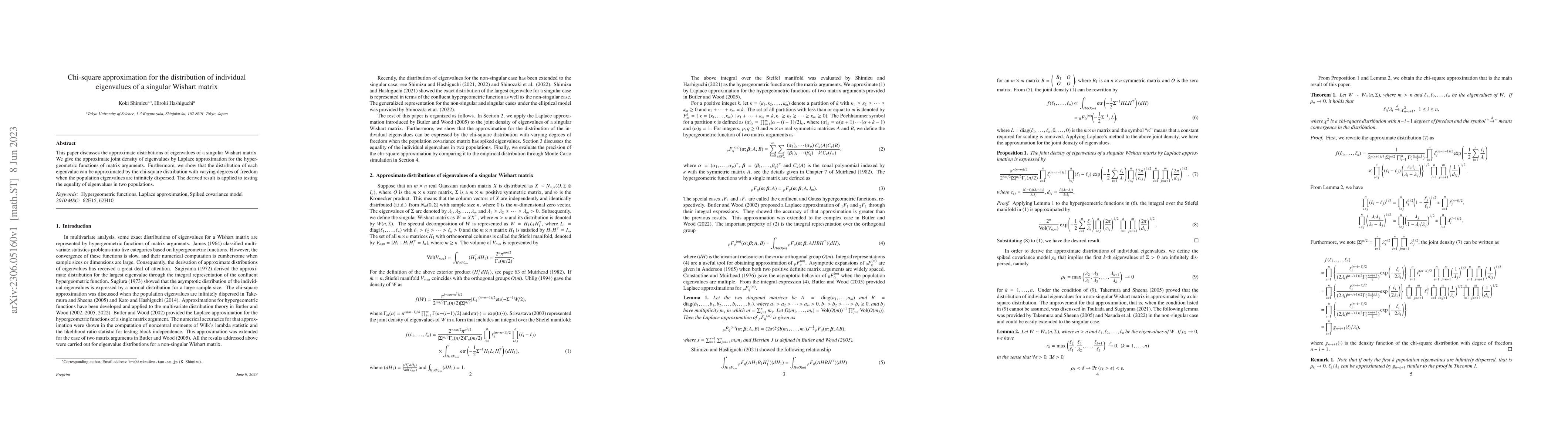 Thumbnail for Chi-square approximation for the distribution of individual eigenvalues
  of a singular Wishart matrix