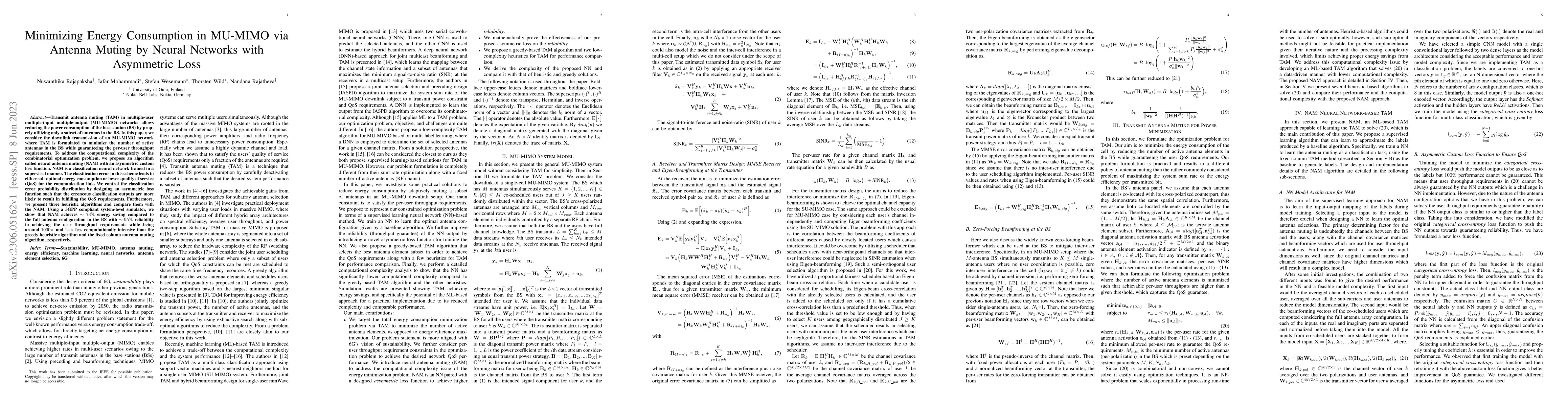 Thumbnail for Minimizing Energy Consumption in MU-MIMO via Antenna Muting by Neural
  Networks with Asymmetric Loss