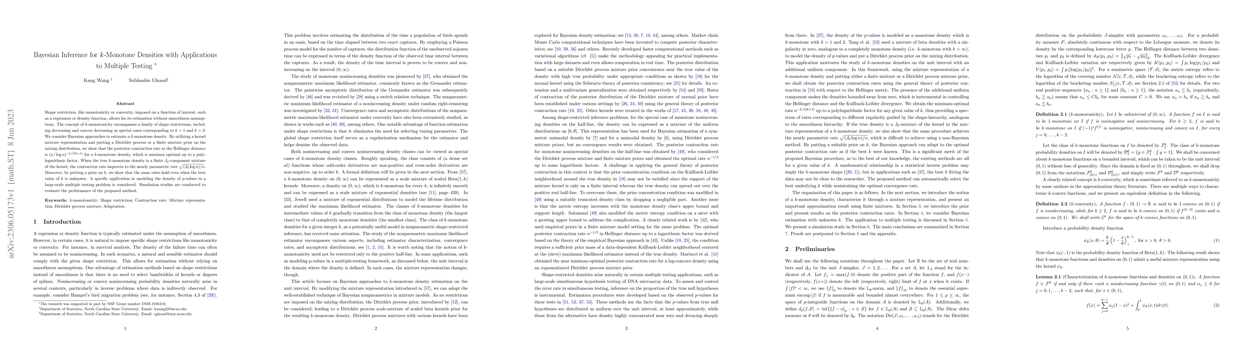 Thumbnail for Bayesian Inference for $k$-Monotone Densities with Applications to
  Multiple Testing