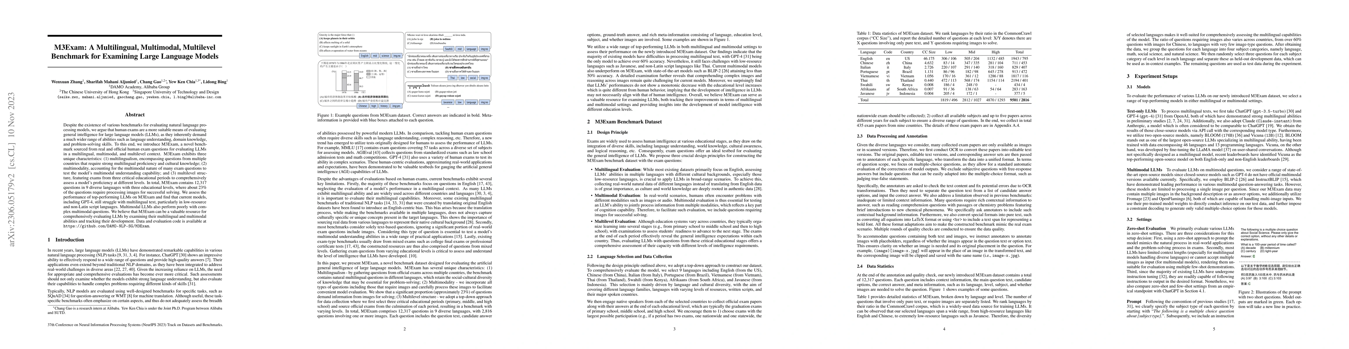 Thumbnail for M3Exam: A Multilingual, Multimodal, Multilevel Benchmark for Examining
  Large Language Models