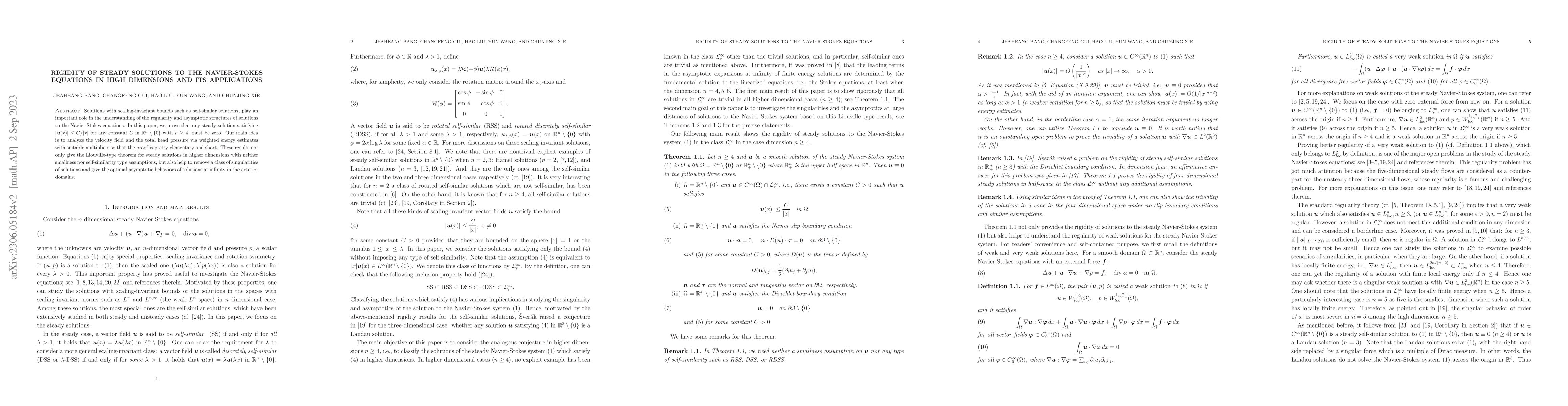 Thumbnail for Rigidity of Steady Solutions to the Navier-Stokes Equations in High
  Dimensions and its applications