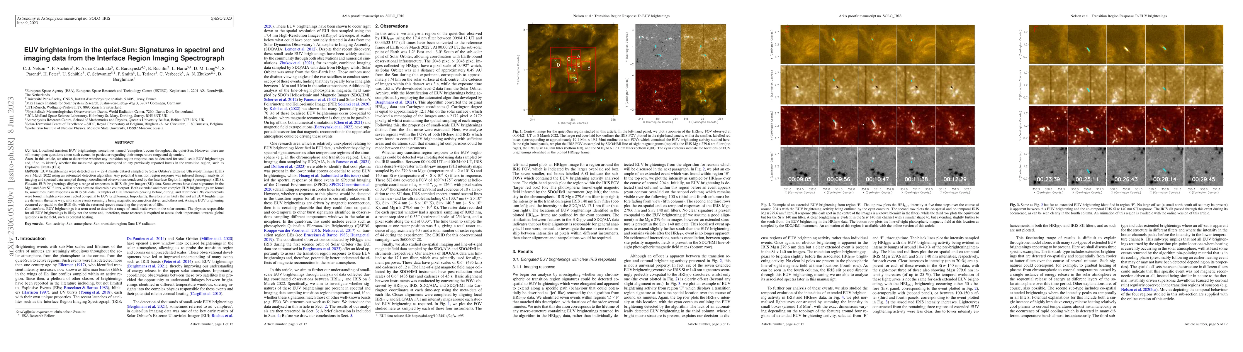 Thumbnail for EUV brightenings in the quiet-Sun: Signatures in spectral and imaging
  data from the Interface Region Imaging Spectrograph