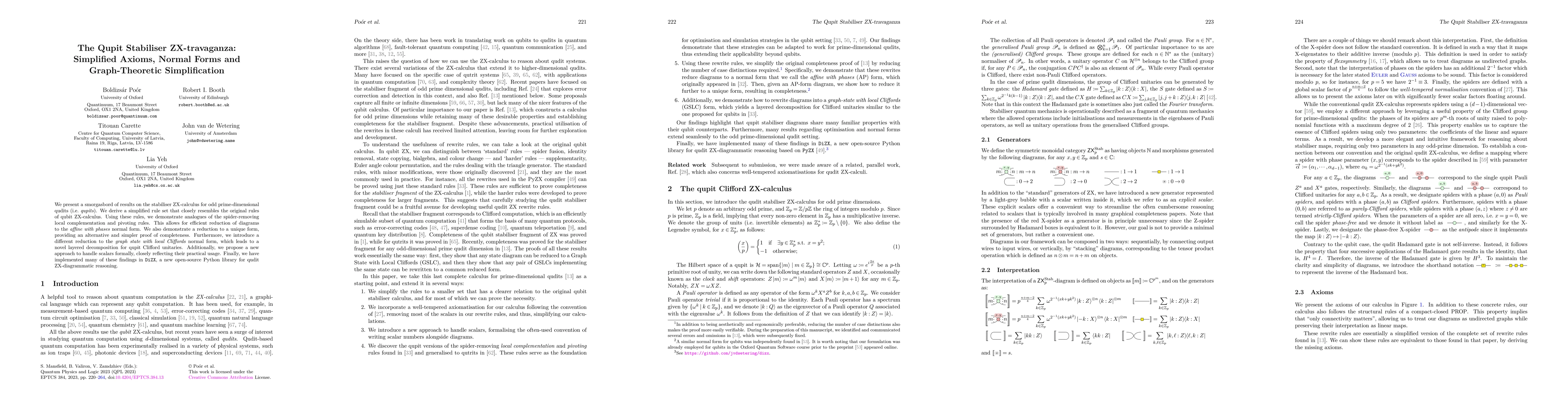 Thumbnail for The Qupit Stabiliser ZX-travaganza: Simplified Axioms, Normal Forms and
  Graph-Theoretic Simplification