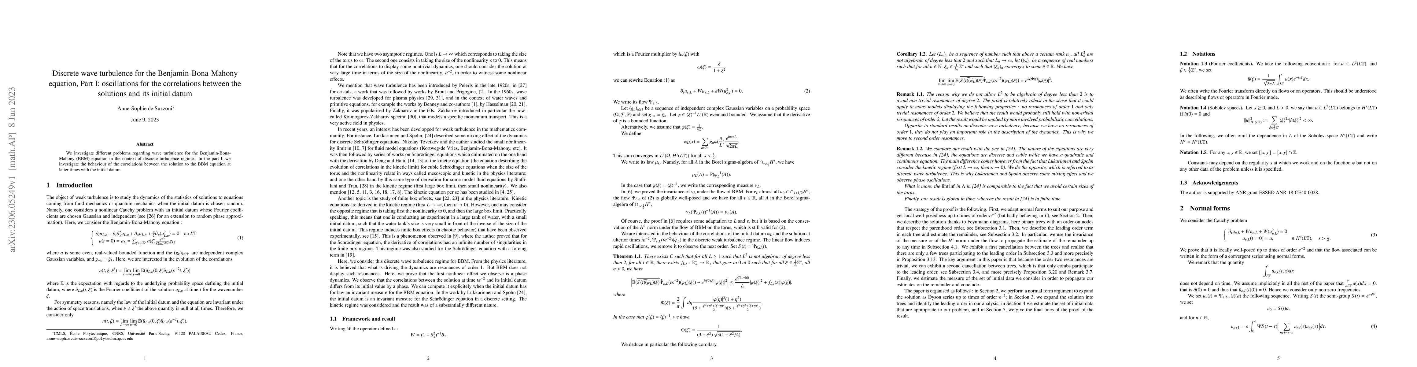 Thumbnail for Discrete wave turbulence for the Benjamin-Bona-Mahony equation, Part I:
  oscillations for the correlations between the solutions and its initial datum