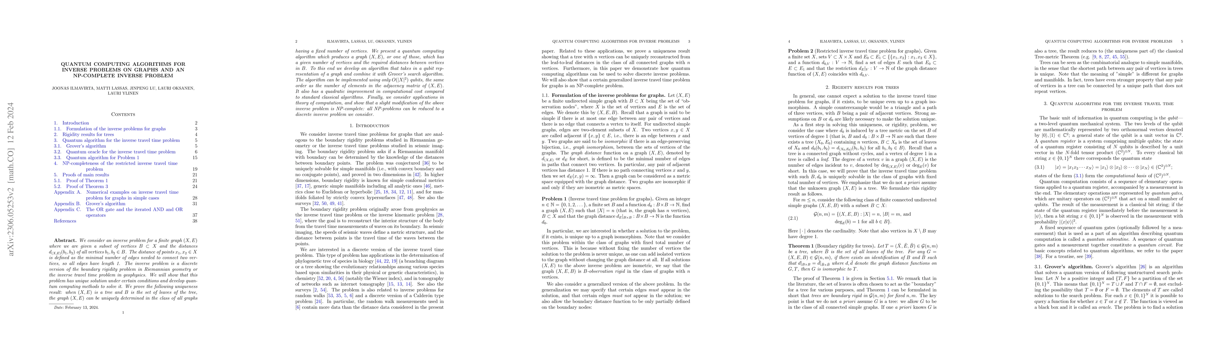 Thumbnail for Quantum computing algorithms for inverse problems on graphs and an
  NP-complete inverse problem