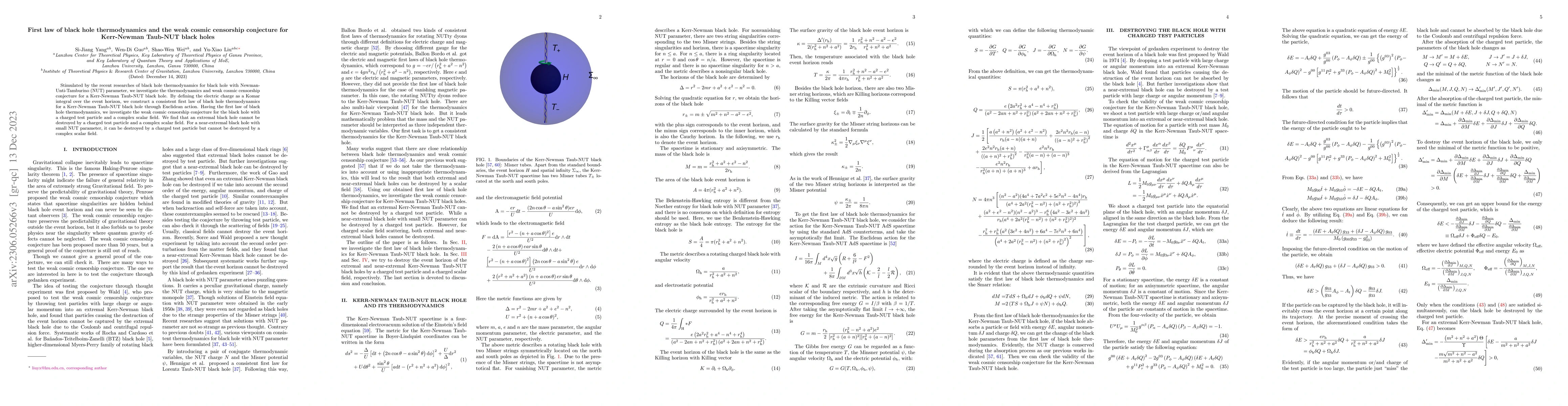 Thumbnail for First law of black hole thermodynamics and the weak cosmic censorship
  conjecture for Kerr-Newman Taub-NUT black holes