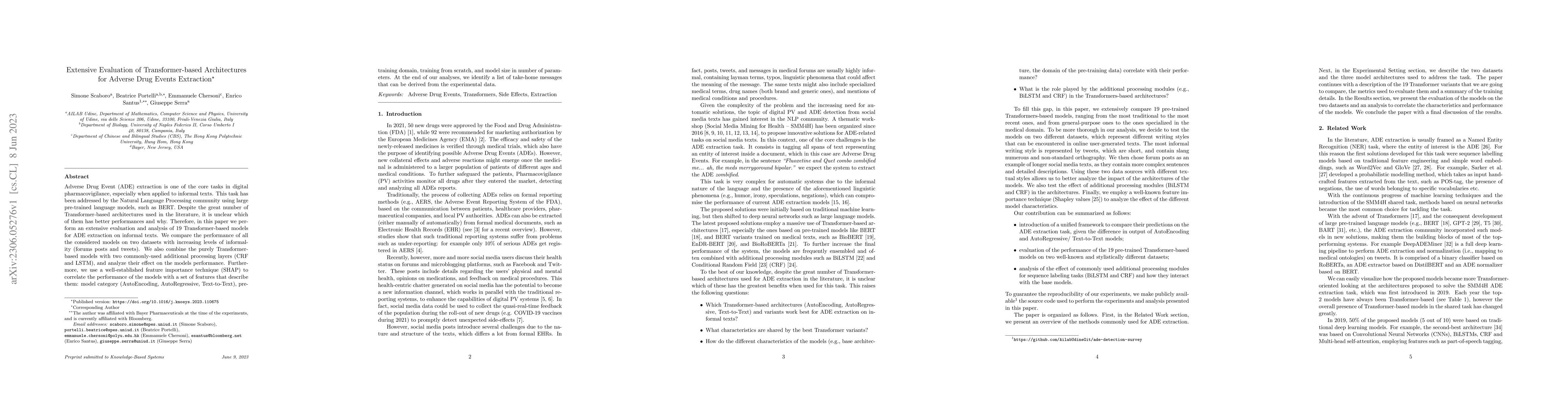 Thumbnail for Extensive Evaluation of Transformer-based Architectures for Adverse Drug
  Events Extraction