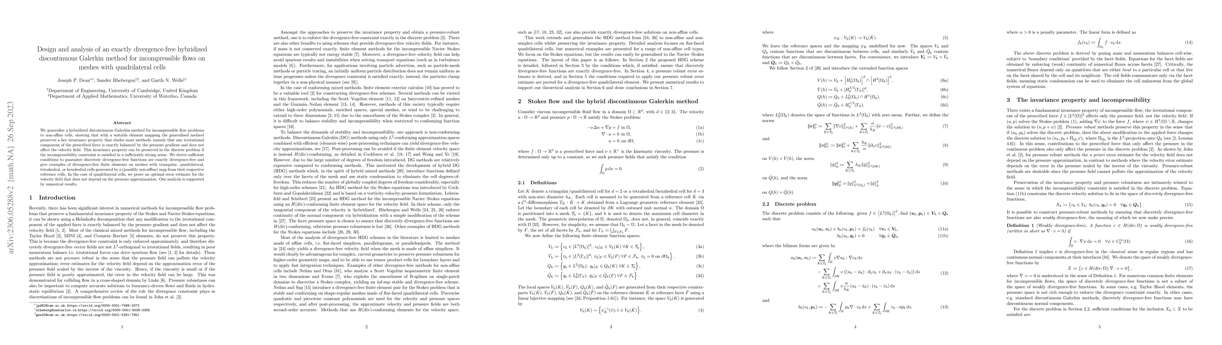 Thumbnail for Design and analysis of an exactly divergence-free hybridized
  discontinuous Galerkin method for incompressible flows on meshes with
  quadrilateral cells
