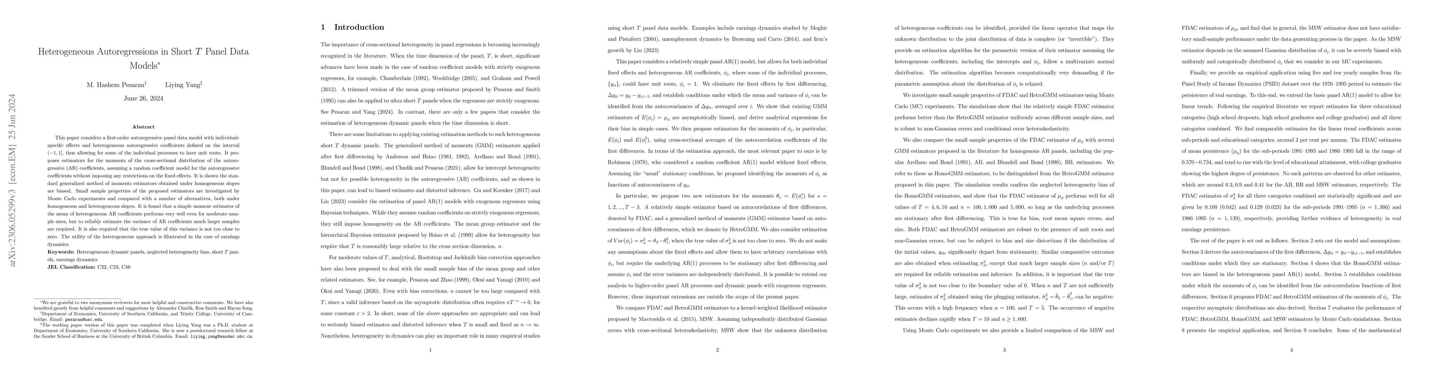 Thumbnail for Heterogeneous Autoregressions in Short T Panel Data Models