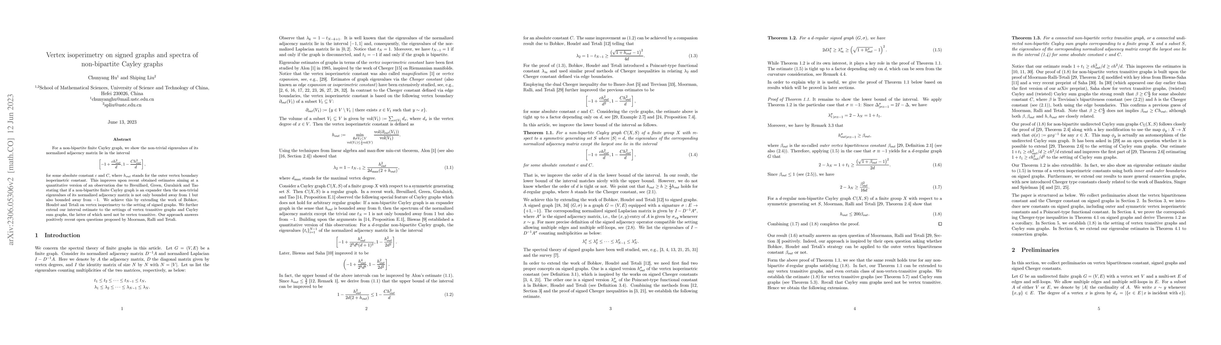 Thumbnail for Vertex isoperimetry on signed graphs and spectra of non-bipartite Cayley
  graphs