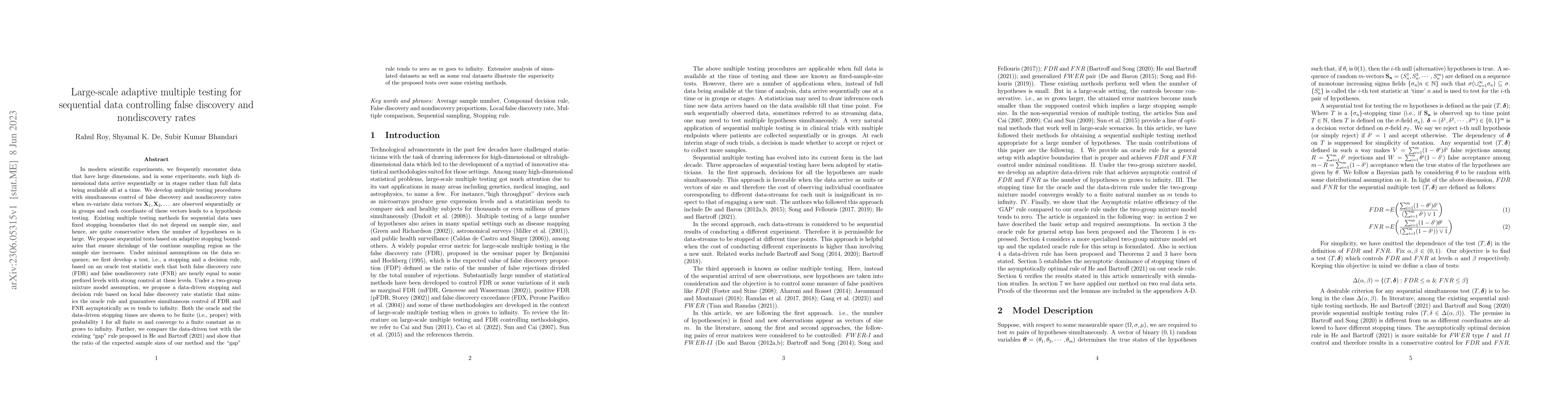 Thumbnail for Large-scale adaptive multiple testing for sequential data controlling
  false discovery and nondiscovery rates