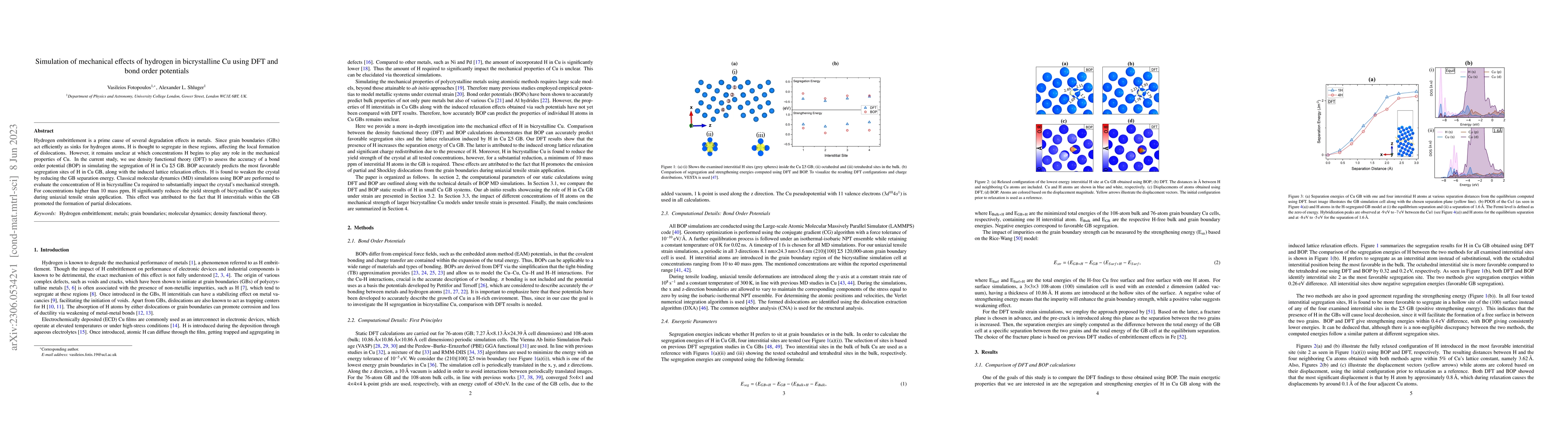 Thumbnail for Simulation of mechanical effects of hydrogen in bicrystalline Cu using
  DFT and bond order potentials