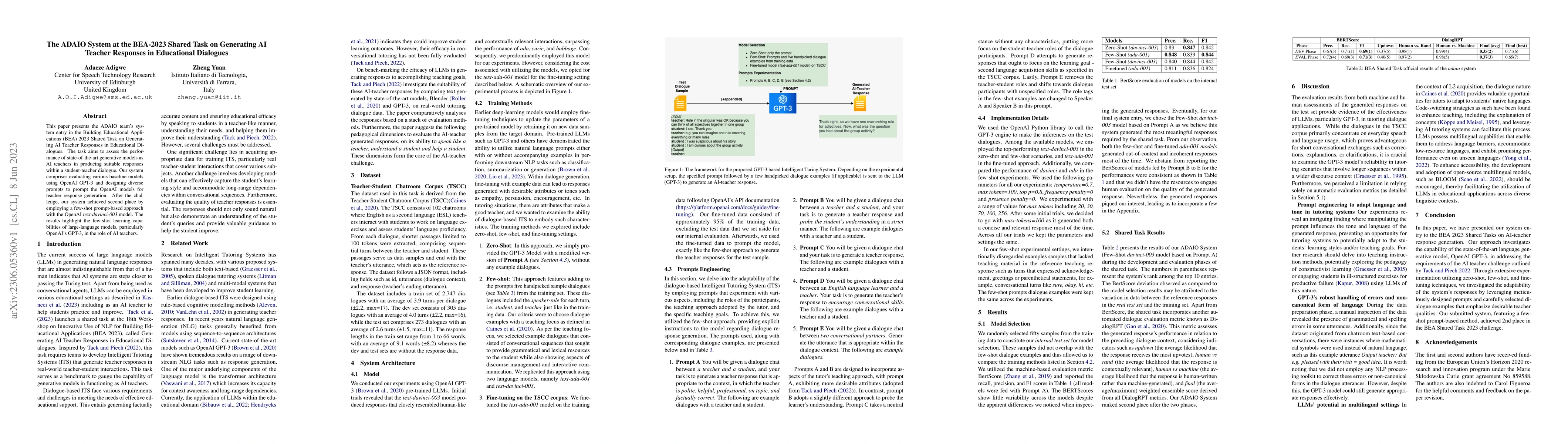 Thumbnail for The ADAIO System at the BEA-2023 Shared Task on Generating AI Teacher
  Responses in Educational Dialogues
