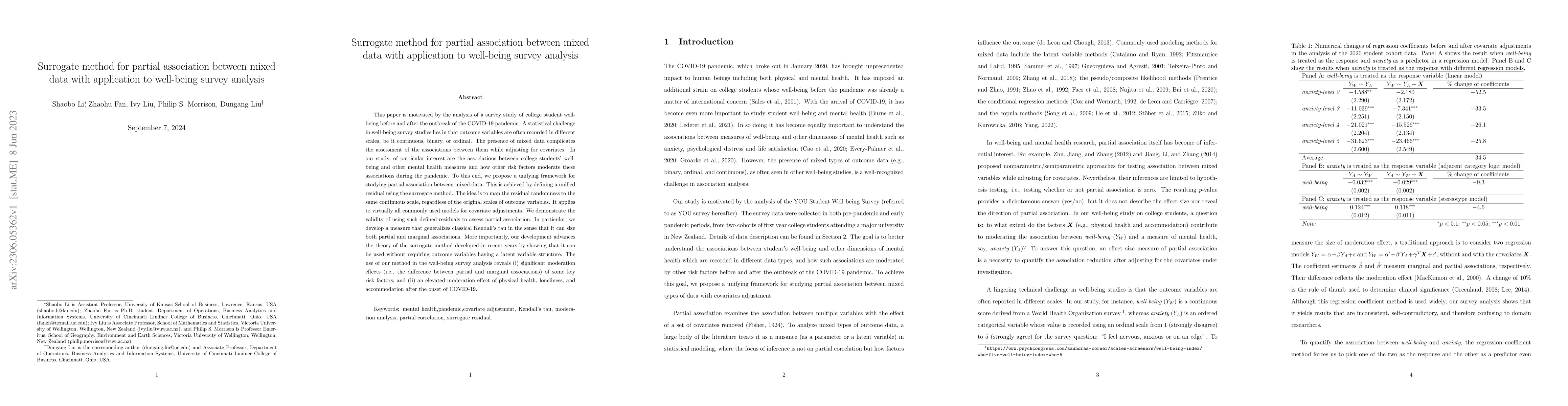 Thumbnail for Surrogate method for partial association between mixed data with
  application to well-being survey analysis