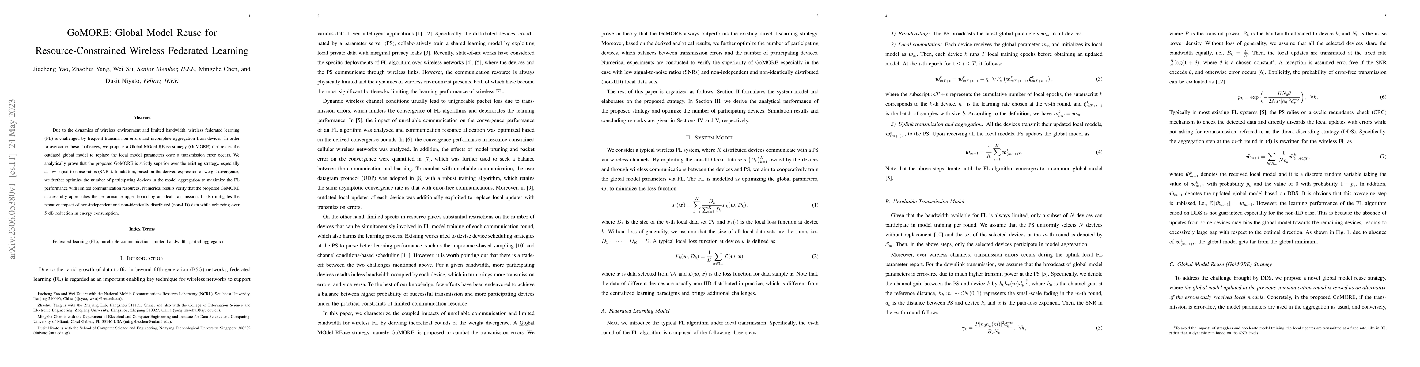 Thumbnail for GoMORE: Global Model Reuse for Resource-Constrained Wireless Federated
  Learning