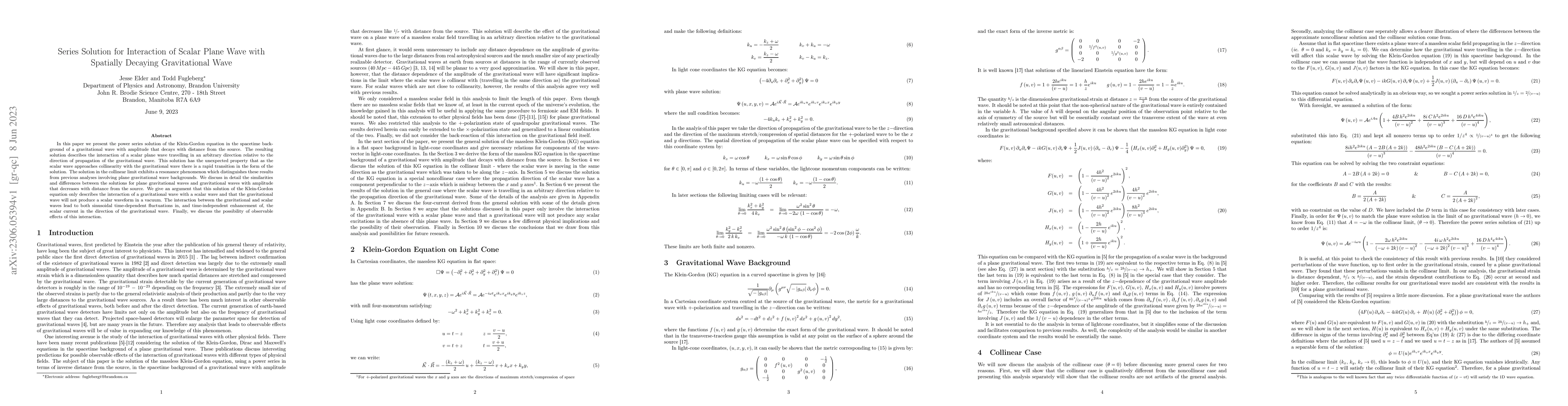 Thumbnail for Series Solution for Interaction of Scalar Plane Wave with Spatially
  Decaying Gravitational Wave