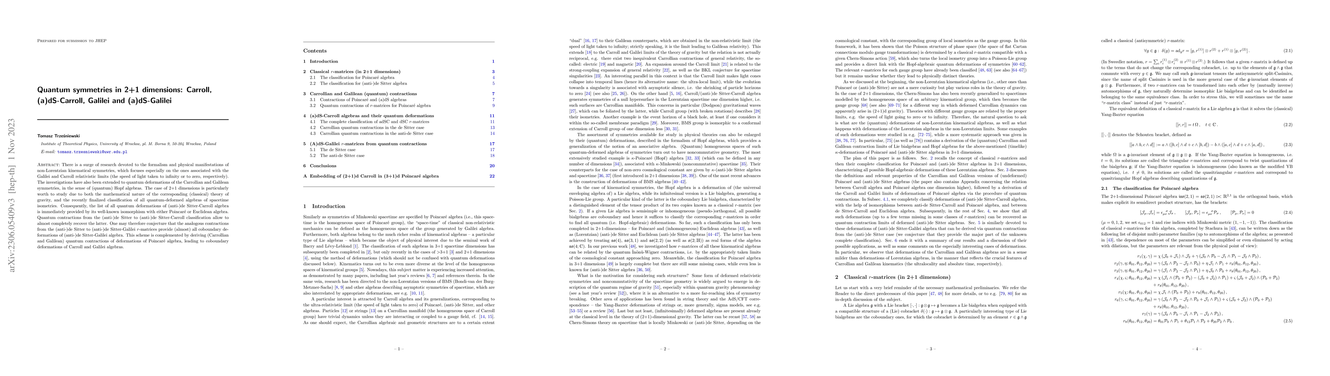Thumbnail for Quantum symmetries in 2+1 dimensions: Carroll, (a)dS-Carroll, Galilei
  and (a)dS-Galilei